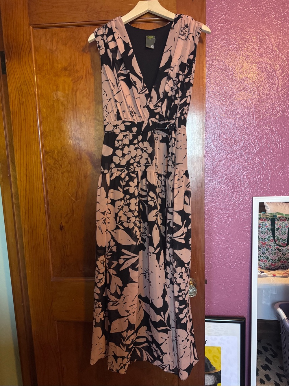 Taylor Blush and Black Floral V-Neck Sleeveless Maxi Dress